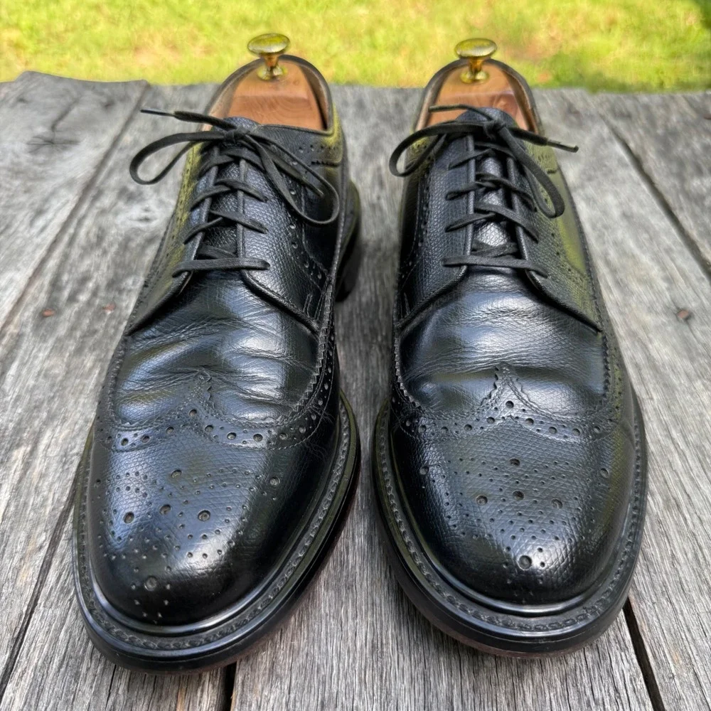VTG Sears Mens Black Leather Longwing Brogue Derby Shoes 11 D 74608-672 Wingtip